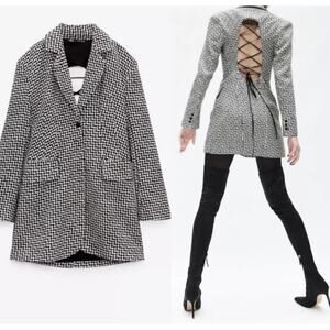 ZARA Open Lace Up Back Tweed Blazer Dress Houndstooth Lapel Collar Small